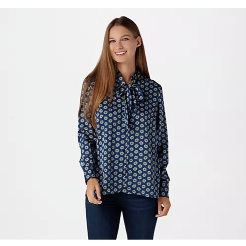 Laurie Felt Printed Woven Blouse with Tie Size Large